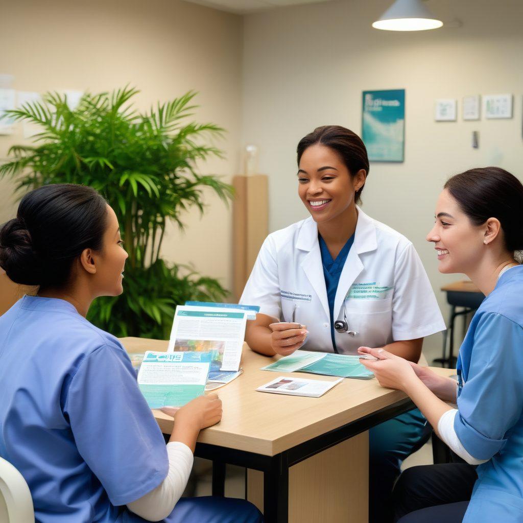 A serene dialysis center scene with a diverse group of patients engaging in supportive conversations. Include a compassionate healthcare professional explaining resources and rights in a warm, welcoming environment filled with greenery. Showcase various informational brochures and a caring atmosphere that empowers patients. soft focus. vibrant colors. super-realistic.