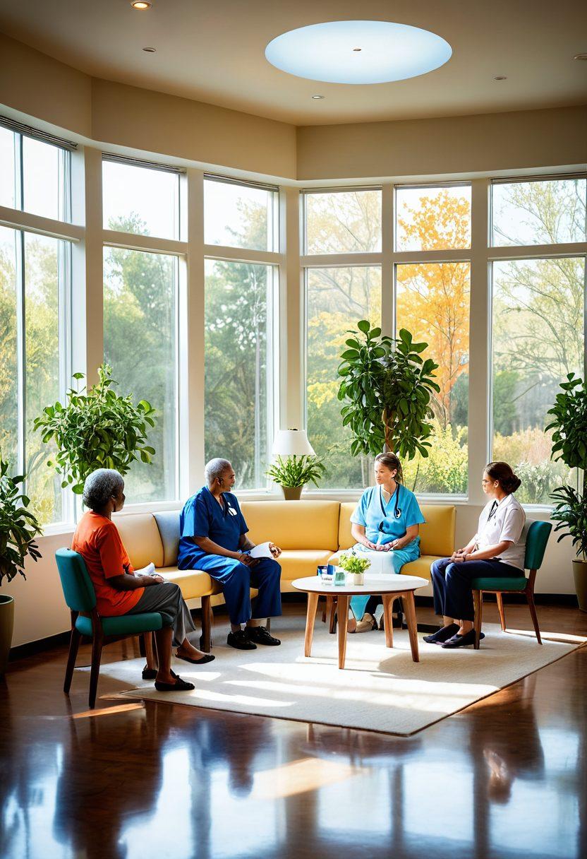 A serene and comforting scene depicting a diverse group of patients and healthcare professionals engaging in a discussion about dialysis care. Include symbols of hope such as blooming flowers and gentle light, emphasizing compassion and empowerment. Show medical tools in the background, merging nature with healthcare to create a sense of harmony. vibrant colors. super-realistic.