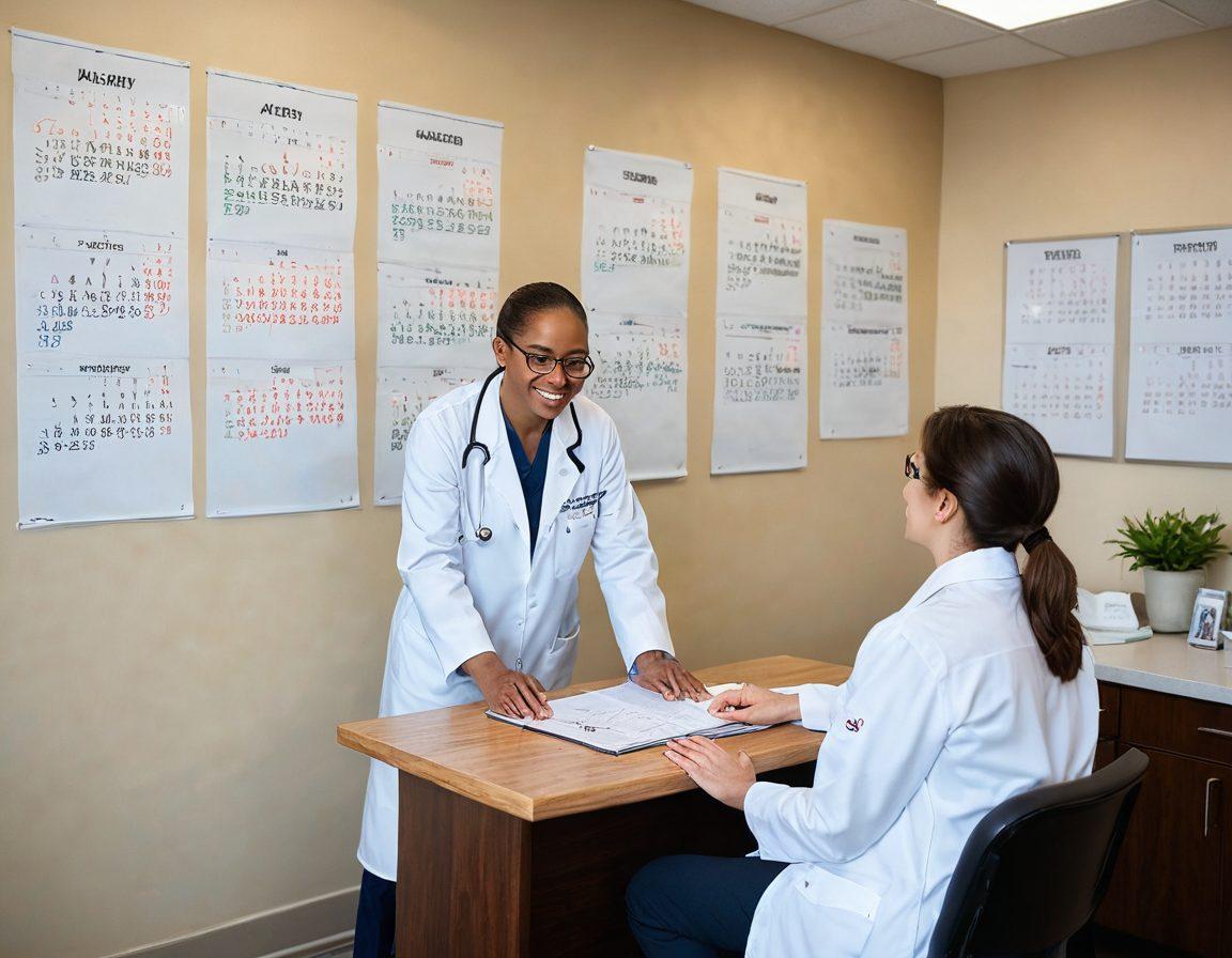 A compassionate healthcare professional advising a patient with chronic kidney failure in a bright, welcoming clinic environment. Visual elements like diagrams explaining kidney health, a calendar showing treatment schedules, and supportive family presence can be included. The scene should radiate hope and positivity, emphasizing a path towards enhanced quality of life. soft color palette. super-realistic. warm lighting.